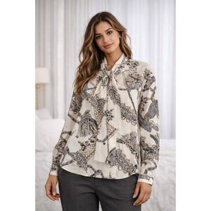 Alfred Dunner Womens Blouse Size 14 Button Front Gray Tie Neck Long Sleeve Shirt